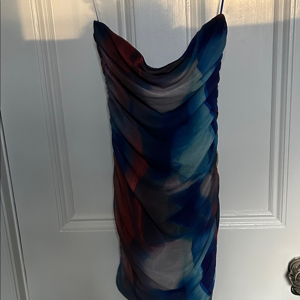 Princess Polly Blue and Red Sheer Strapless Cowl Dress